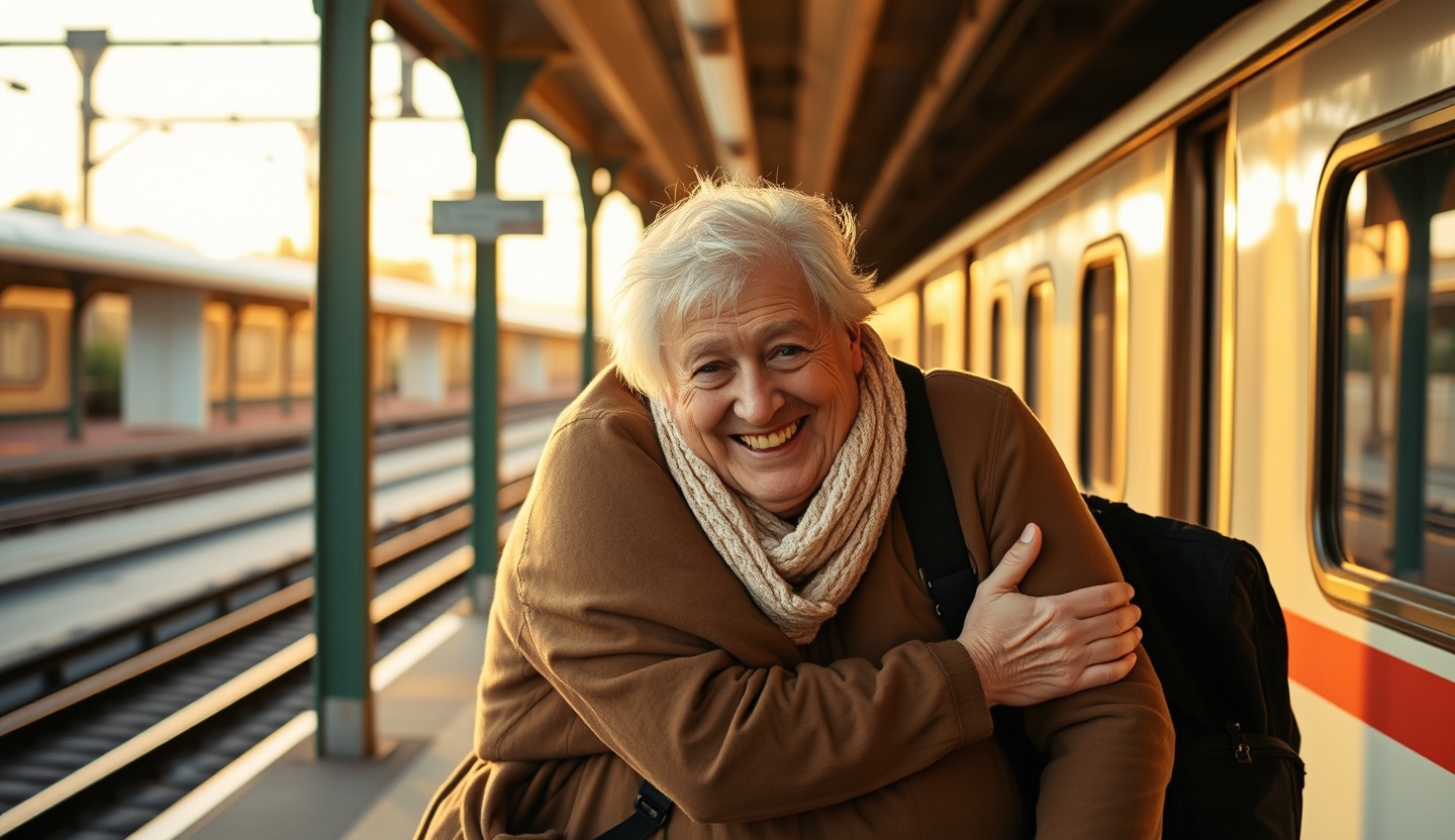 Two old friends laughing and hugging on a train platform in warm golden hour light