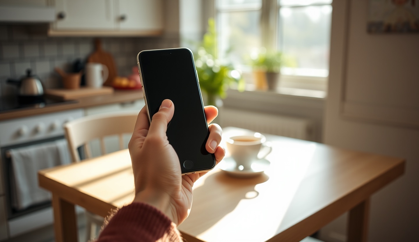 A hand holding a smartphone over a kitchen table with a cup of coffee in soft morning light